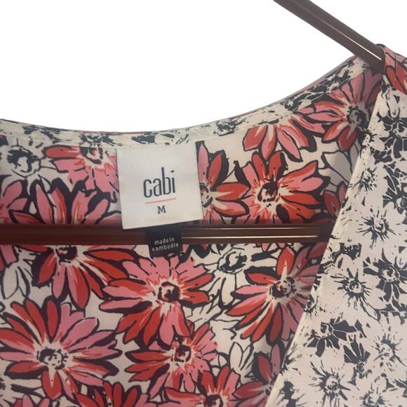 Cabi Women's Size Medium Floral Daisy Red Pink Ruffle Wrap Sleeveless Top - Picture 5 of 8